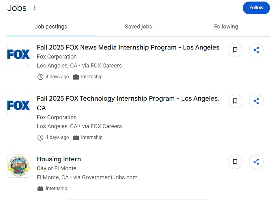Google Job Postings. Check this regularly for internship opportunities that may come up.