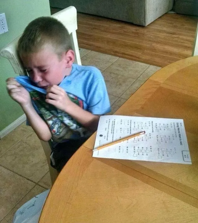Little kid crying over his homework. (Or in this case, if you start cramming last minute).