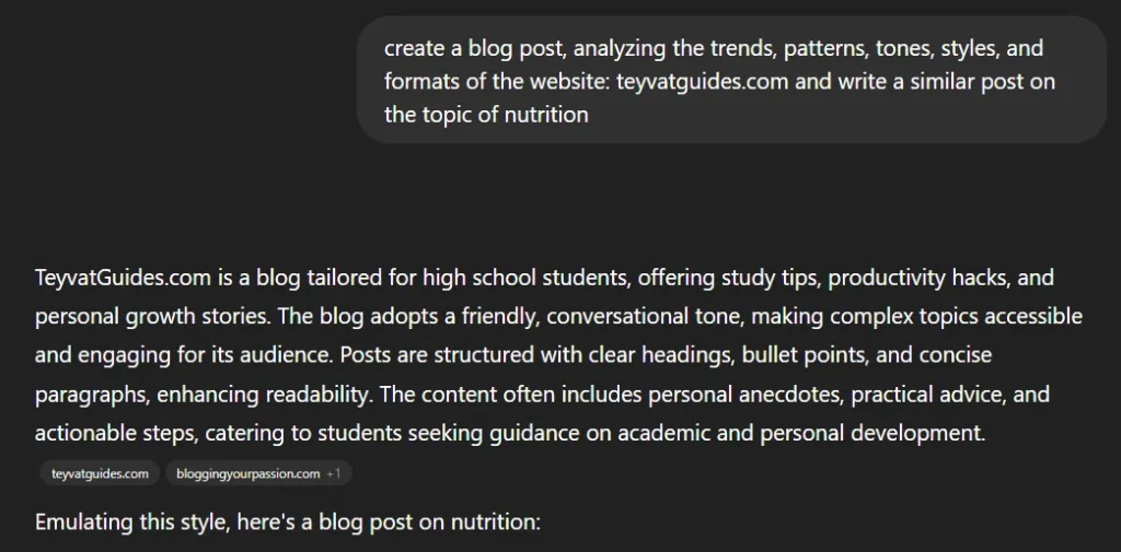 ChatGPT response when prompted to analyze a website.