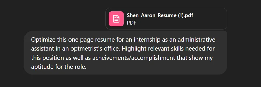 Example Prompt when asking GPT to optimize your resume for a specific role.