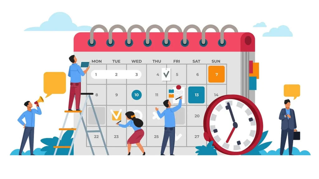 Graphic showing people planning and time blocking their day using a calendar.