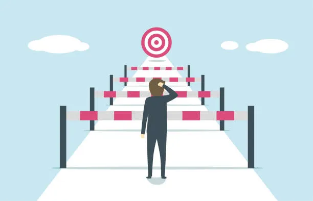 Illustration of a metaphor that you have to overcome barriers and roadblocks in order to succeed.