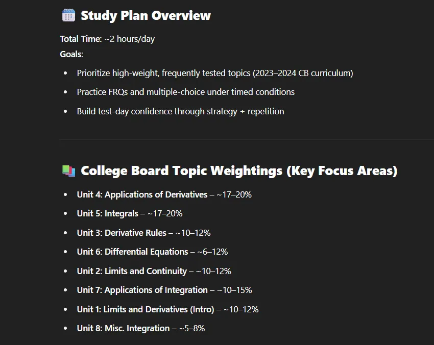 Study Plan Overview Generated from GPT.