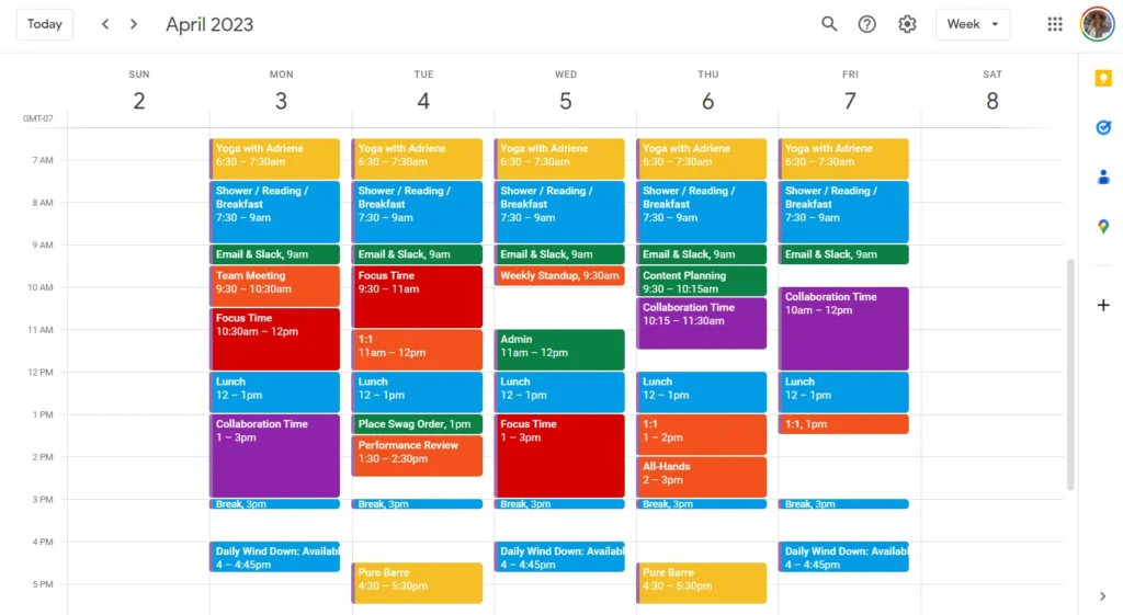 This is what a google time blocking schedule would look like if you wanted to plan your summer habits.