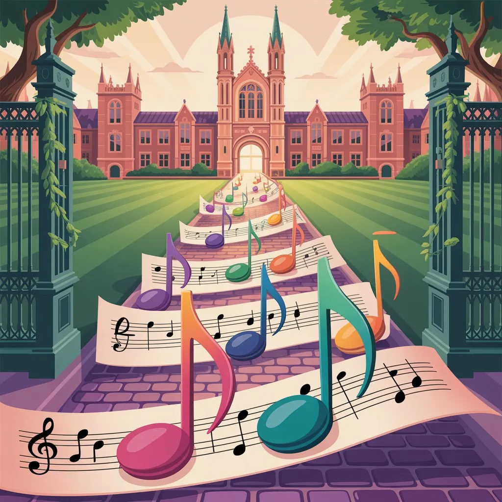 Musical notes going to college symbolizing how music can enhance one's application.
