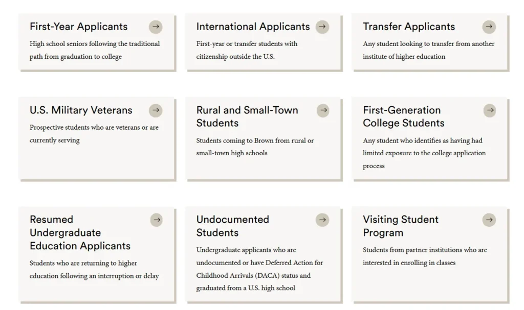 The portal for choosing what type of admission that you are applying to.